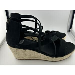 Eileen Fisher Wanda espadrille strappy Black Leather wedges shoes size 9 NWOB